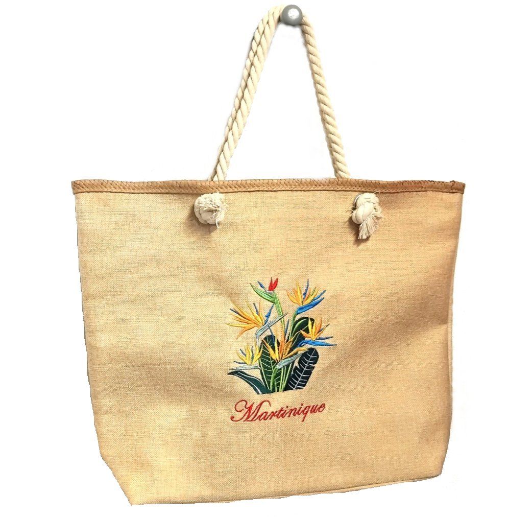 SAC CABAS JUTE BRODE ANSE EN CORDE - OISEAUX DE PARADIS