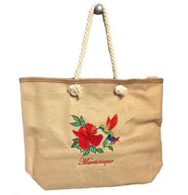 SAC CABAS JUTE BRODE ANSE EN CORDE - HIBISCUS COLIBRI