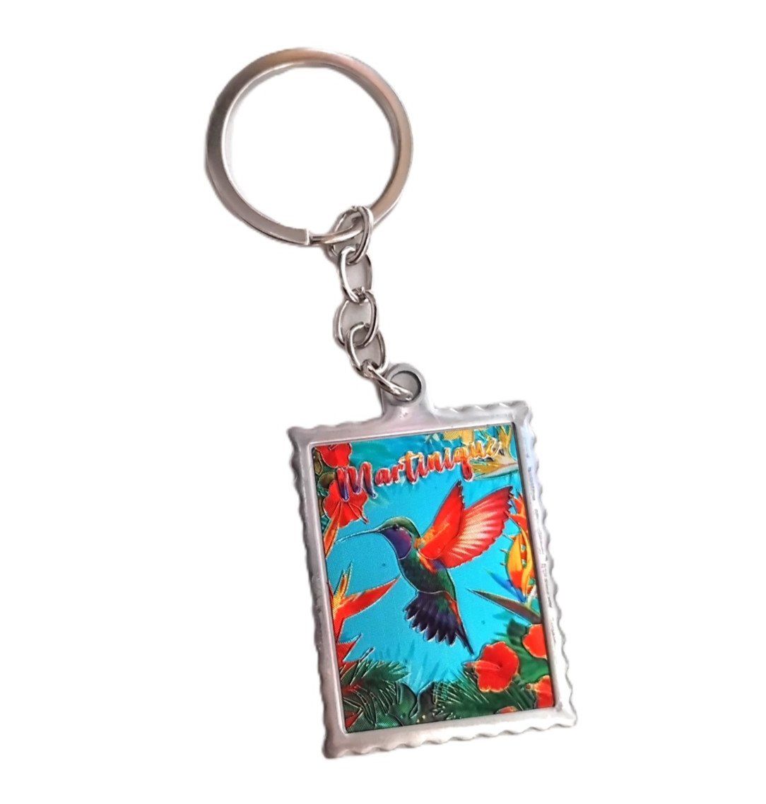 PORTE-CLES METAL RECTANGLE - COLIBRI AILES ROUGES