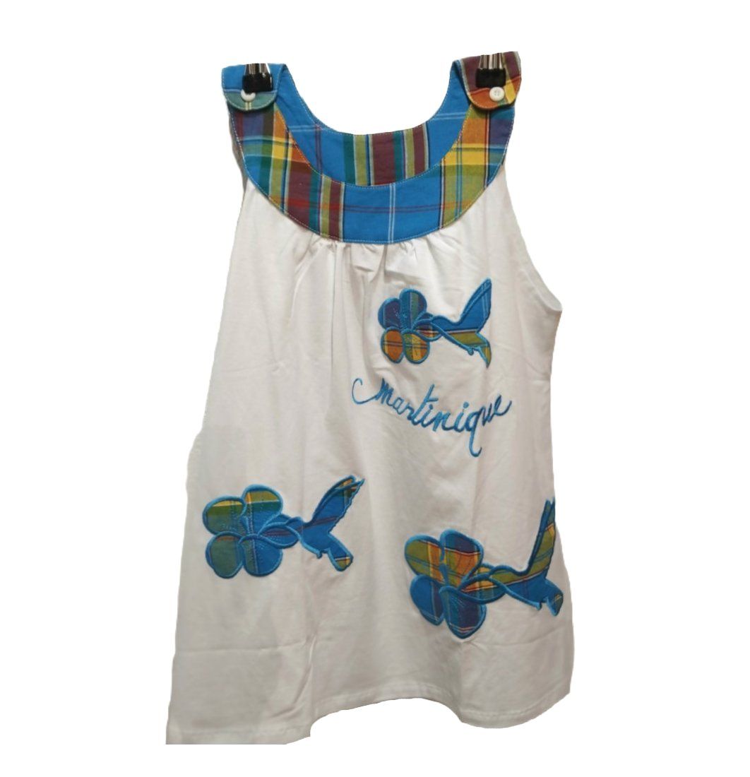 ROBE MADRAS BLANC COL BATEAU COLIBRI MARTINIQUE