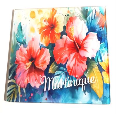 DESSOUS DE PLAT EN VERRE MARTINIQUE  - AQUARELLE 3 HIBISCUS CARRE