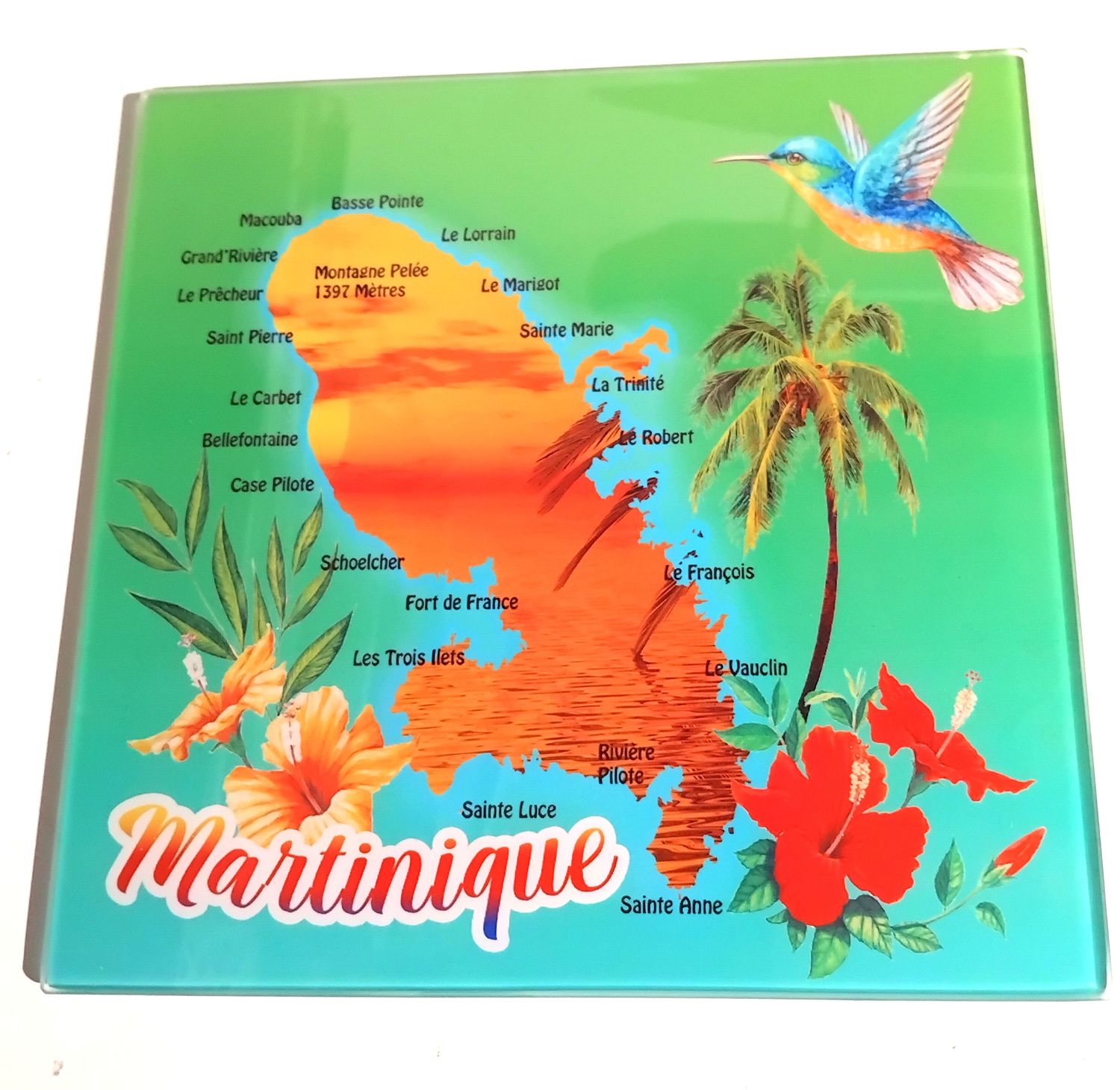 DESSOUS DE PLAT EN VERRE MARTINIQUE  - CARTE COUCHER FOND VERT CARRE