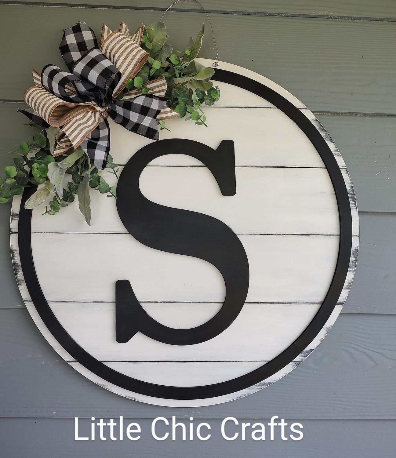 Farmhouse Shiplap Initial Round Door hanger with Greenery- Black and White- Everyday- Porch decor