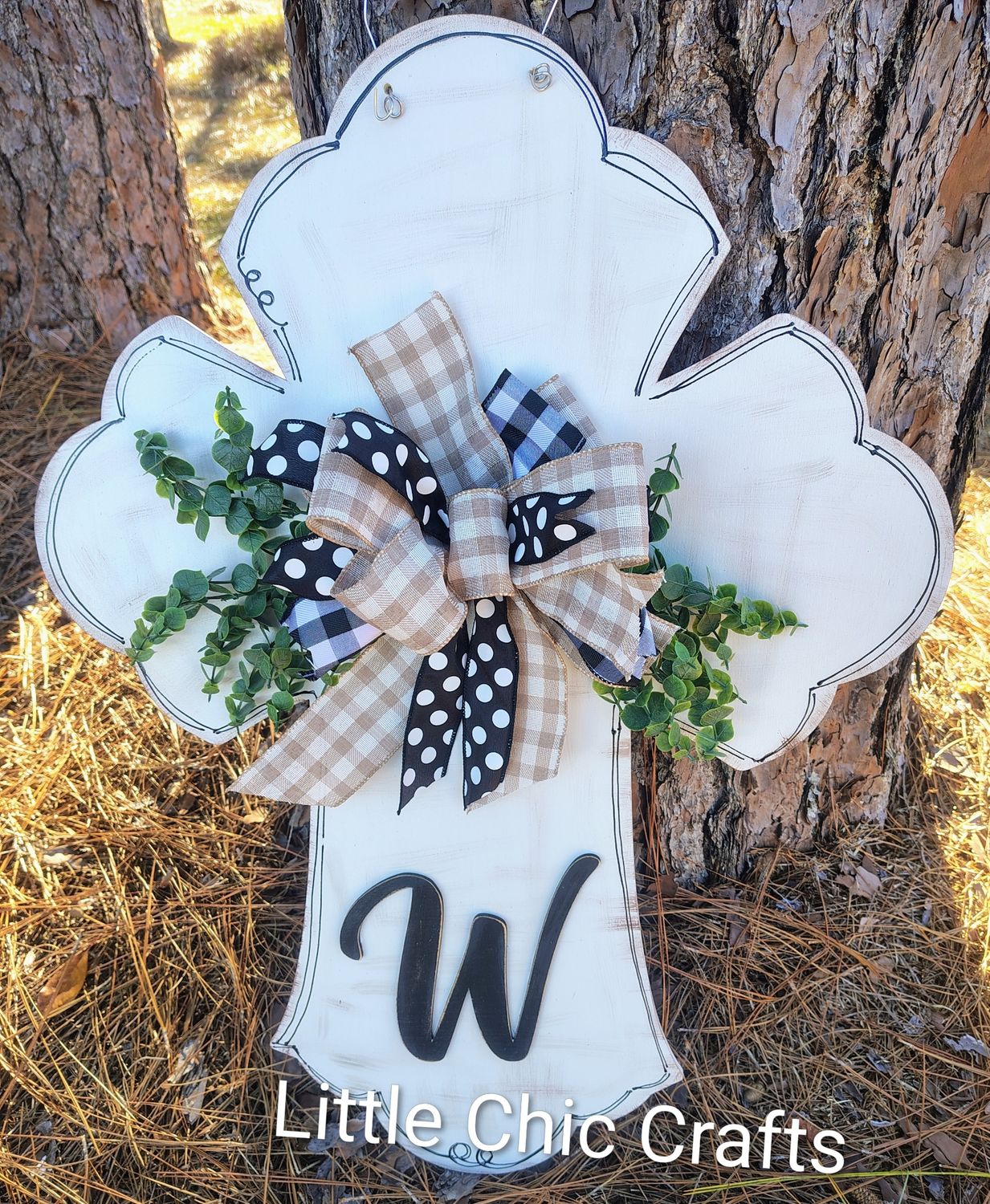 Personalized distressed initial cross with greenery