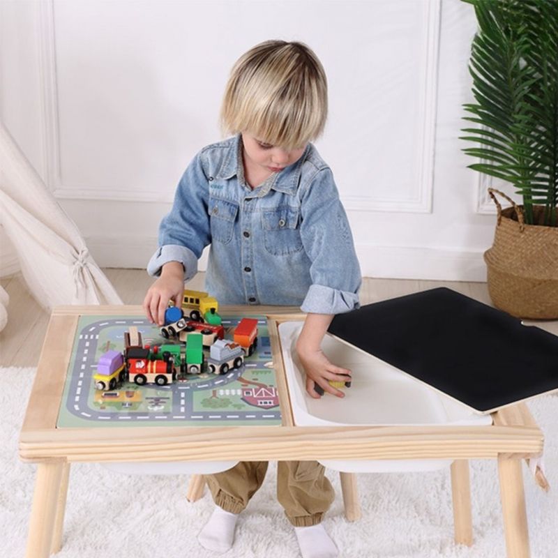 WOOPIE GREEN Drewniany Stolik Aktywności 4w1 Tablica Kredowa Pojemniki Mapa Miasta Papier Rysunkowy