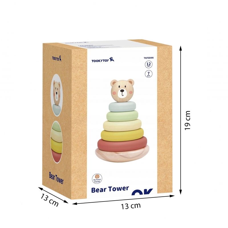 TOOKY TOY Drewniana Układanka Sensoryczna Piramidka Miś Sensoryczny Kolorowy Stacker