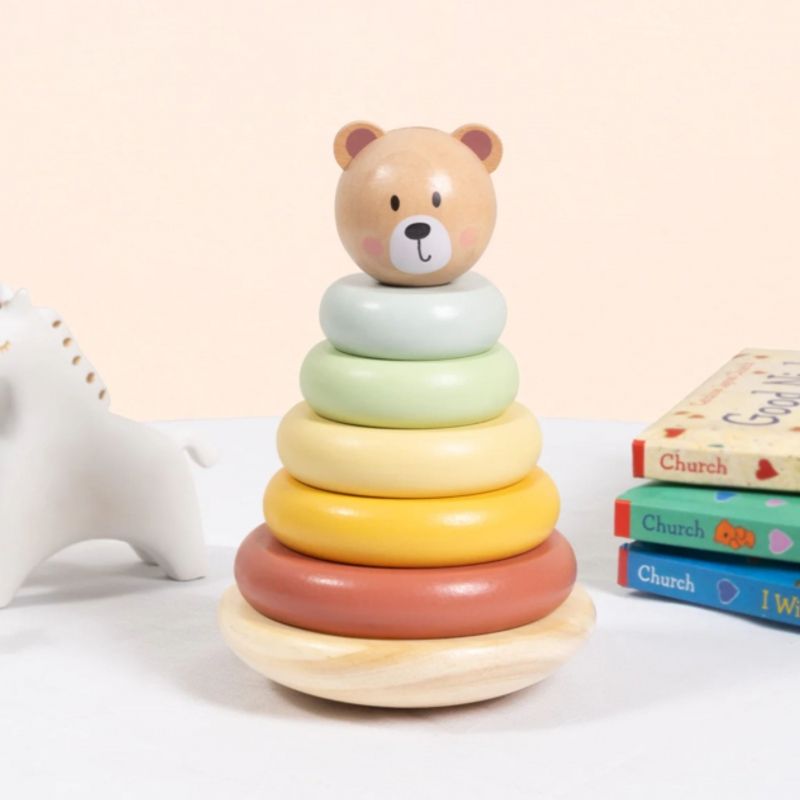 TOOKY TOY Drewniana Układanka Sensoryczna Piramidka Miś Sensoryczny Kolorowy Stacker
