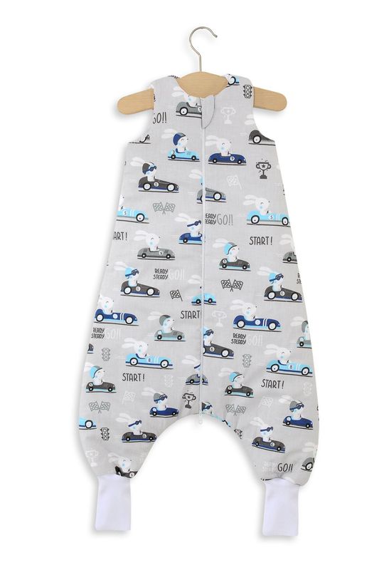 Śpiworek dla dzieci z nogawkami bawełniany ocieplany L 9-24 mcy TOG 2.5 - zające w autkach szare