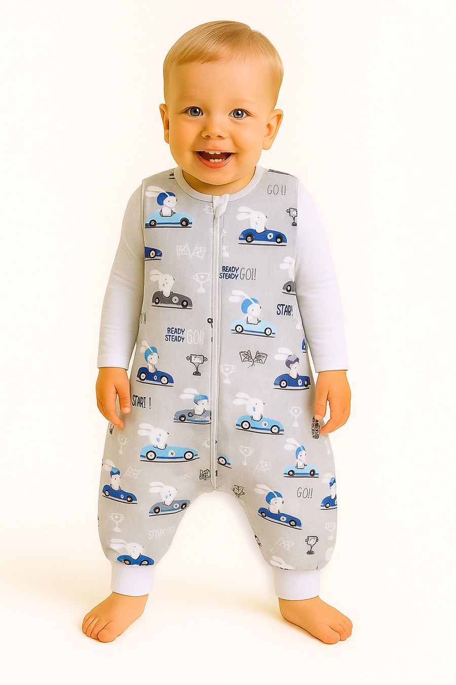 Śpiworek dla dzieci z nogawkami bawełniany ocieplany L 9-24 mcy TOG 2.5 - zające w autkach szare