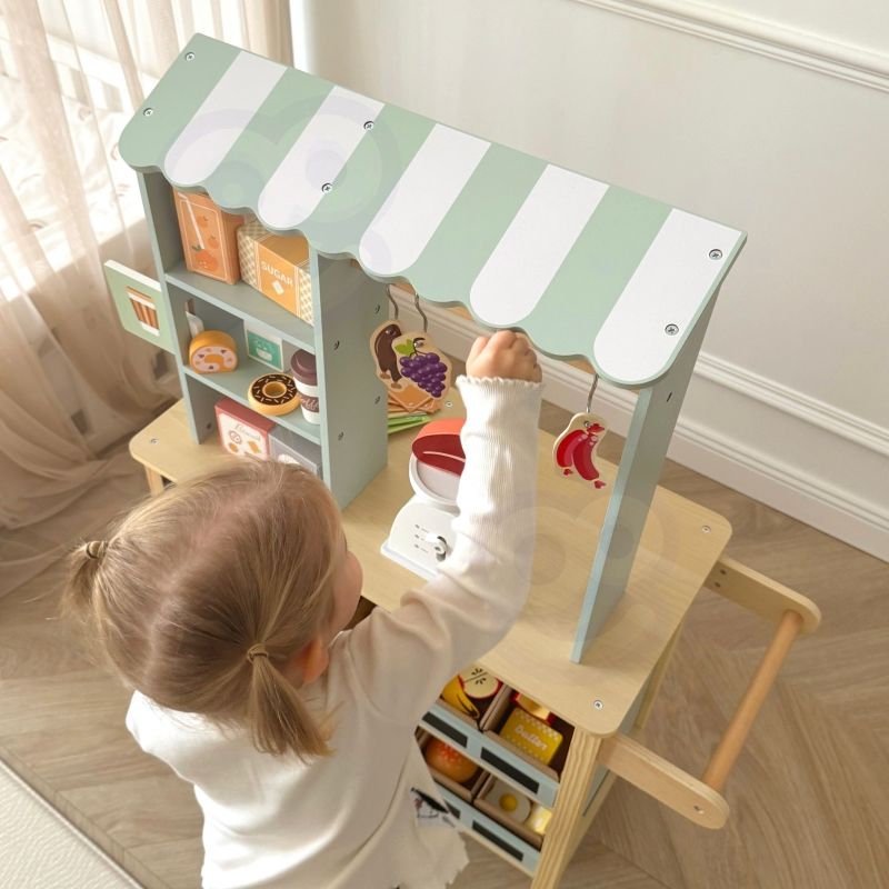 WOOPIE GREEN Duży Wielofunkcyjny Sklepik 5w1 Stragan Supermarket Restauracja Kawiarnia Kuchnia 73 el