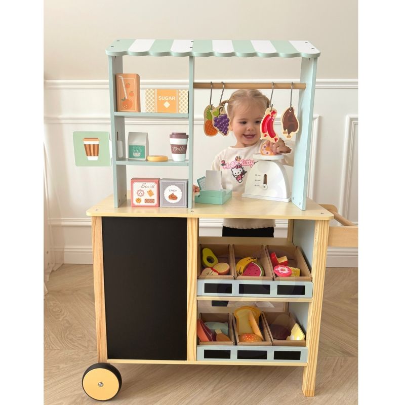 WOOPIE GREEN Duży Wielofunkcyjny Sklepik 5w1 Stragan Supermarket Restauracja Kawiarnia Kuchnia 73 el