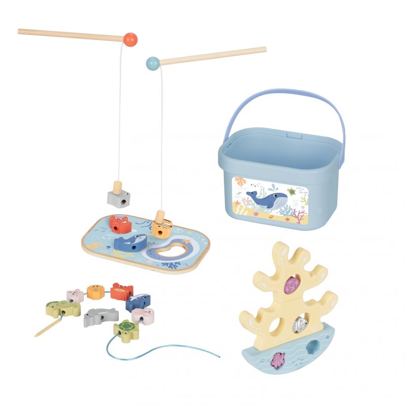 TOOKY TOY Drewniany Zestaw Morskich Zabawek Wieża Balansująca Łowienie Ryb Figurki 23 Elementy