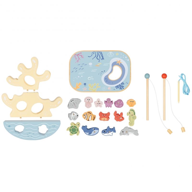 TOOKY TOY Drewniany Zestaw Morskich Zabawek Wieża Balansująca Łowienie Ryb Figurki 23 Elementy