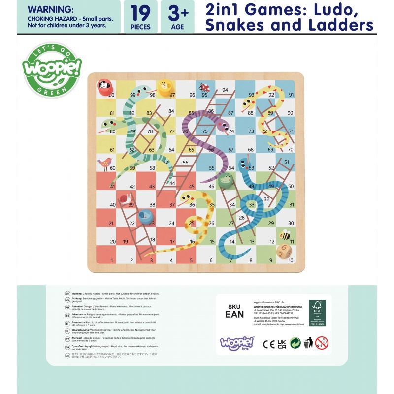 WOOPIE GREEN Gry Planszowe Logiczne 2w1 Ludo Chińczyk + Węże i Drabiny