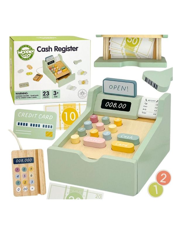 WOOPIE GREEN Drewniana Kasa Sklepowa Edukacyjna z Akcesoriami 23 el. FSC