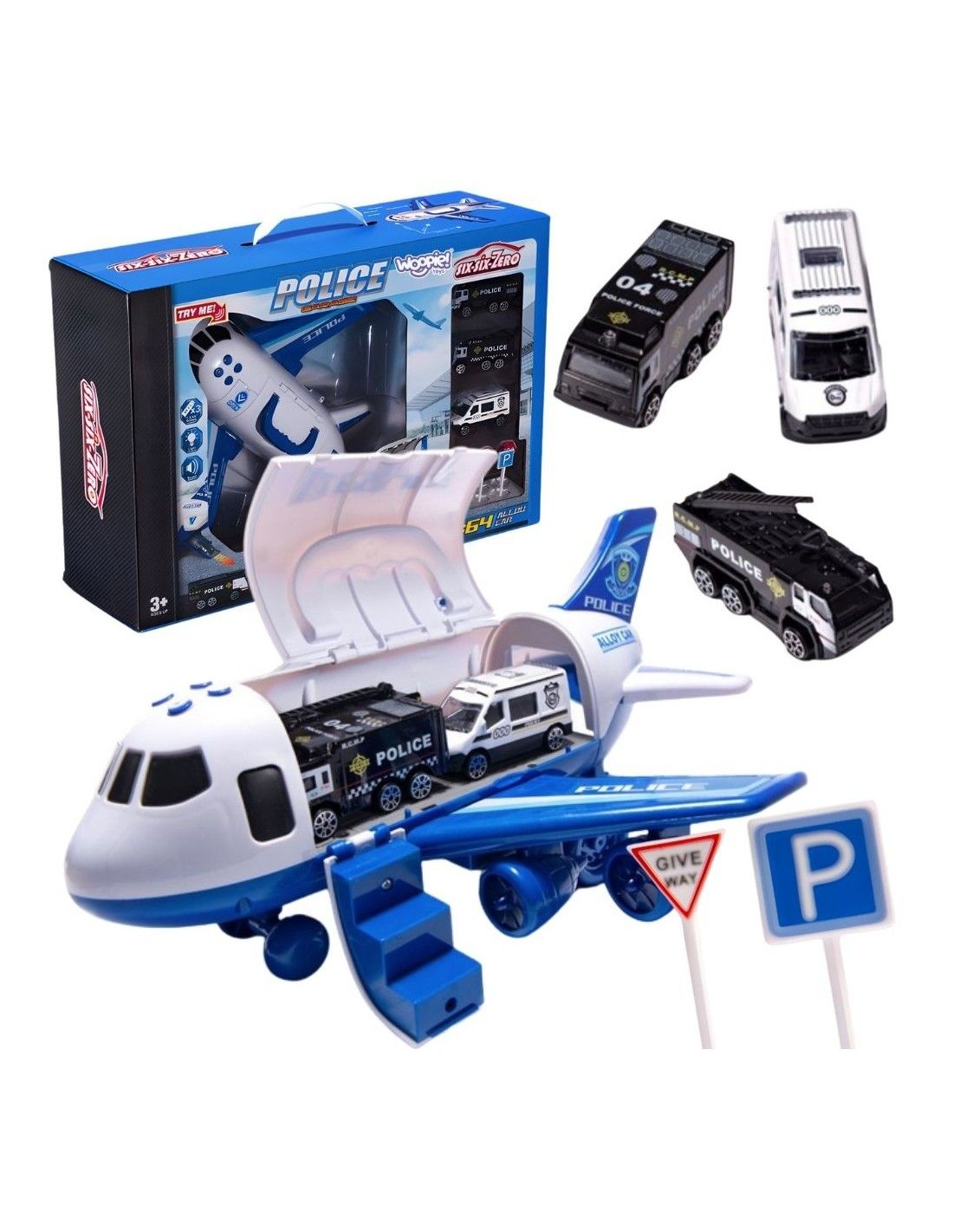WOOPIE Samolot Rozkładany Transporter Policja z 3 Autami Policyjnymi Zestaw XL Znaki Drogowe