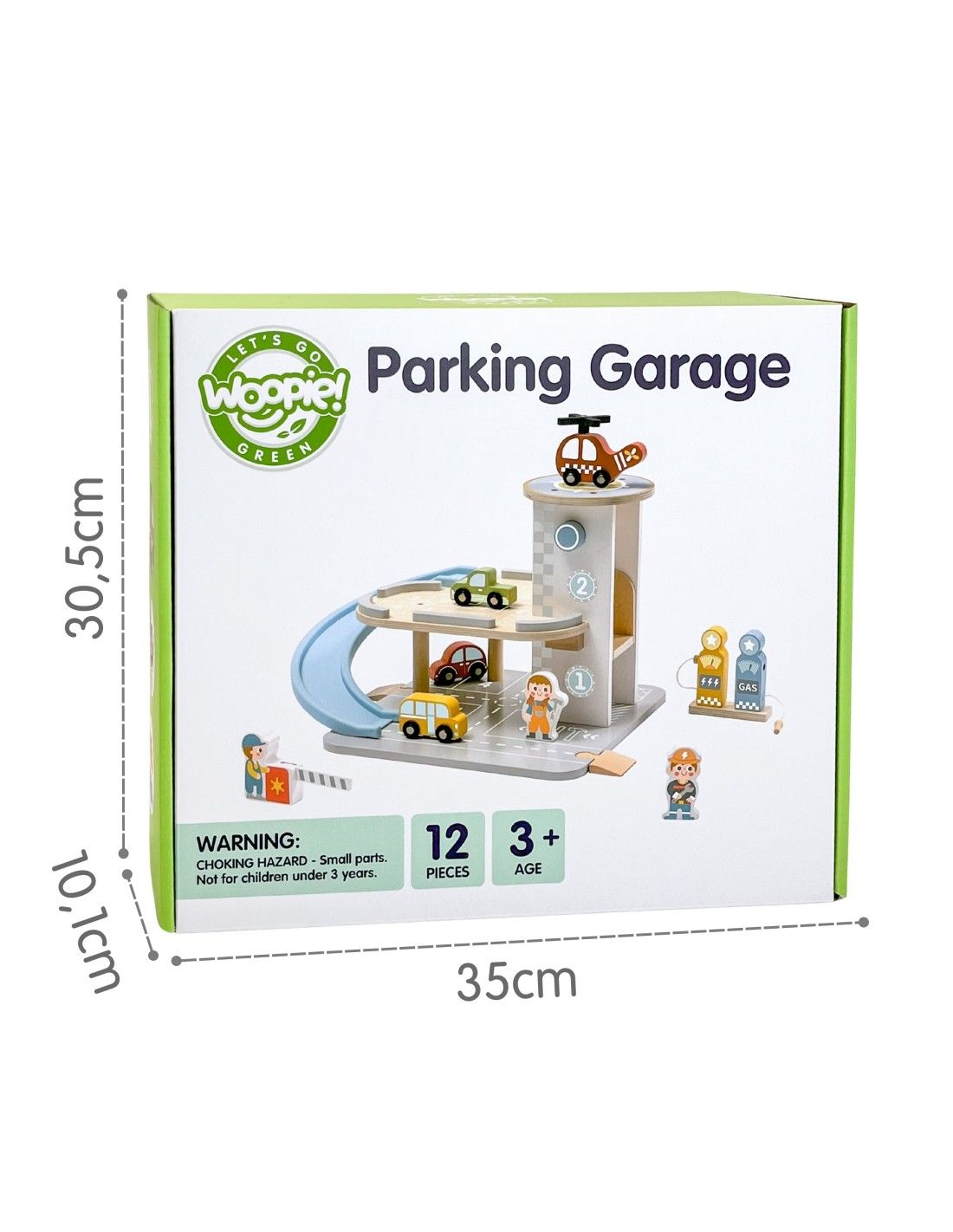 WOOPIE GREEN Drewniany Parking Piętrowy 2w1 Stacja Benzynowa z Autkami i Figurkami 12 el. FSC