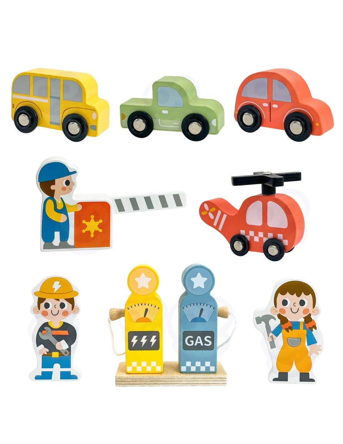 WOOPIE GREEN Drewniany Parking Piętrowy 2w1 Stacja Benzynowa z Autkami i Figurkami 12 el. FSC