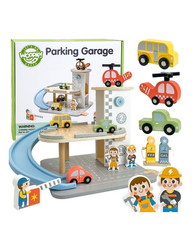 WOOPIE GREEN Drewniany Parking Piętrowy 2w1 Stacja Benzynowa z Autkami i Figurkami 12 el. FSC