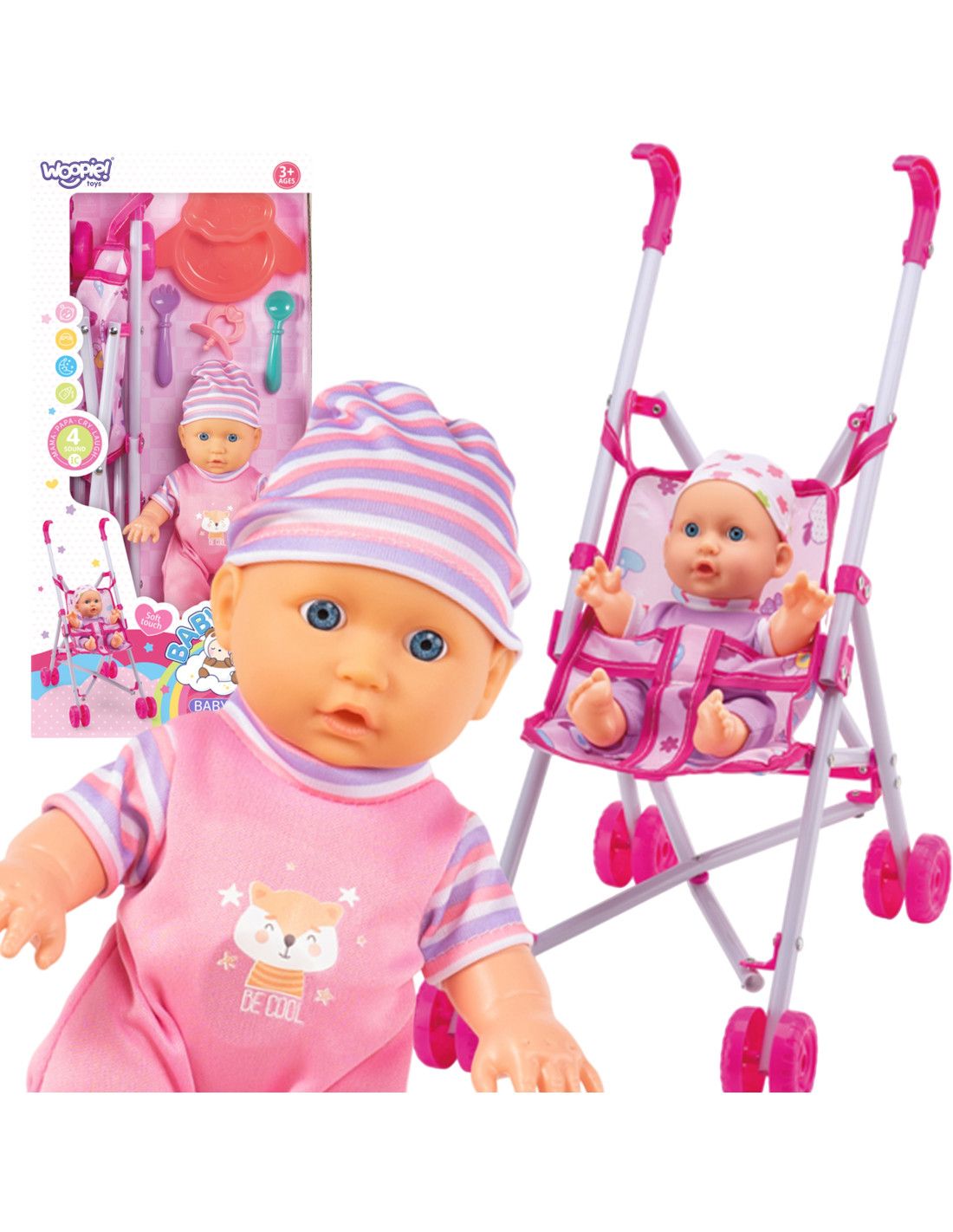 WOOPIE ROYAL Pierwsza Lalka Bobas z Wózkiem Opiekunka + Zestaw do Karmienia