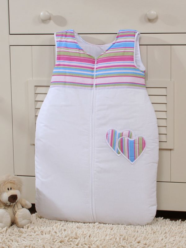 Śpiworek dla dzieci bawełniany M 6-12 mcy TOG 2.5 całoroczny ocieplany serduszka paseczki fioletowe