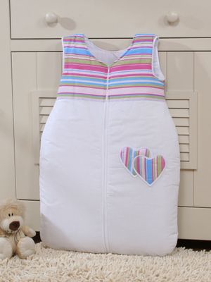 Śpiworek dla dzieci bawełniany M 6-12 mcy TOG 2.5 całoroczny ocieplany serduszka paseczki fioletowe