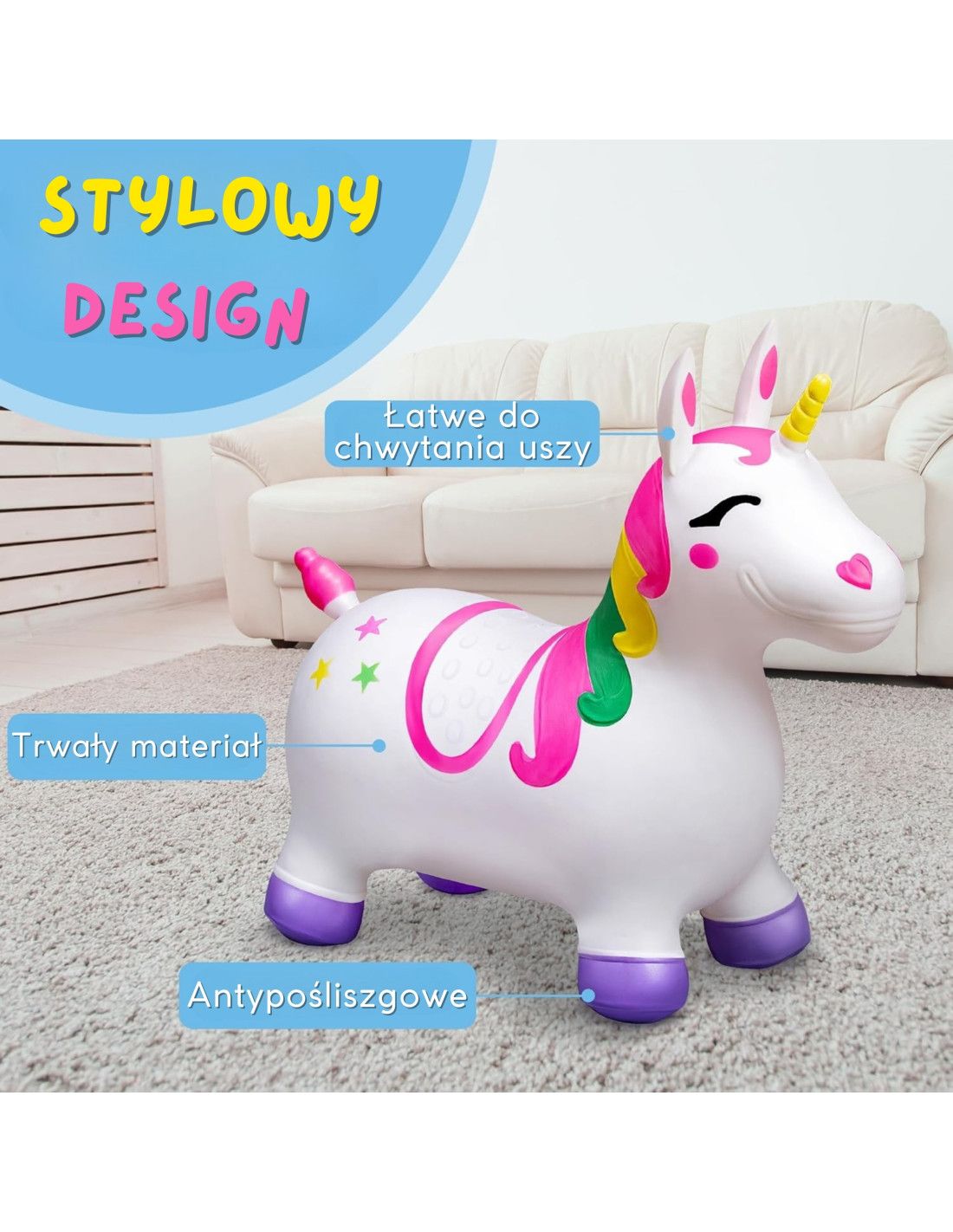 WOOPIE Skoczek Gumowy do Skakania Jednorożec Biały+ Pompka