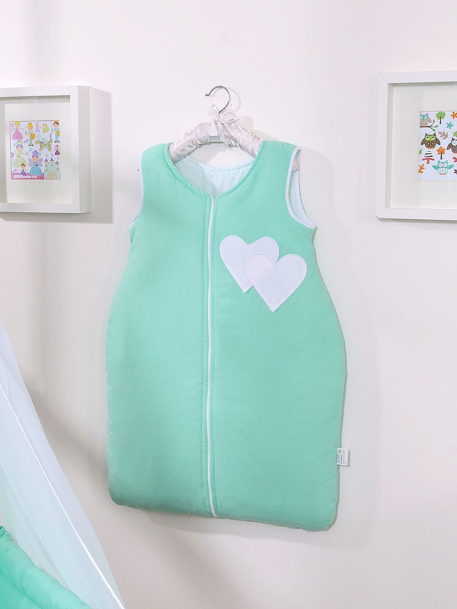 Śpiworek dla dzieci bawełniany M 6-12 mcy TOG 2.5 całoroczny ocieplany serduszka miętowe