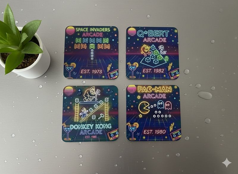 Retro Gaming Neon Drinks Coasters Set of 4