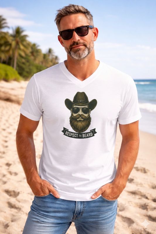 The cowboy sepia style image on a white V-Neck T-Shirt