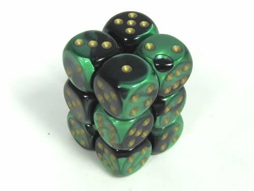 Gemini Black-Green/Gold D6 Dobbelstenen (12 stuks)