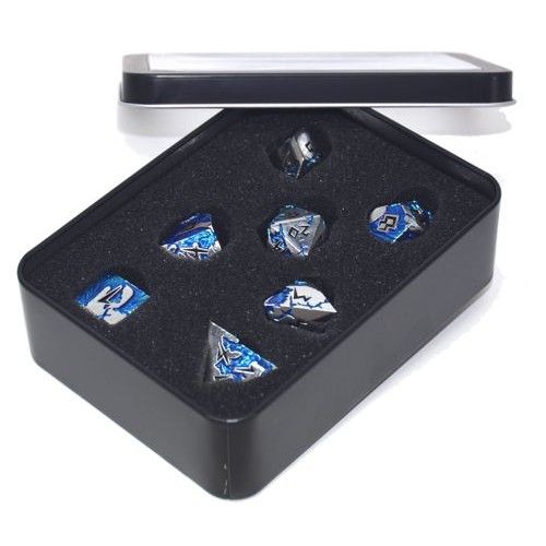 Metal Dice Set in Tin Box - Verschillende Varianten, Kleur: Draak/Zilver/Blauw