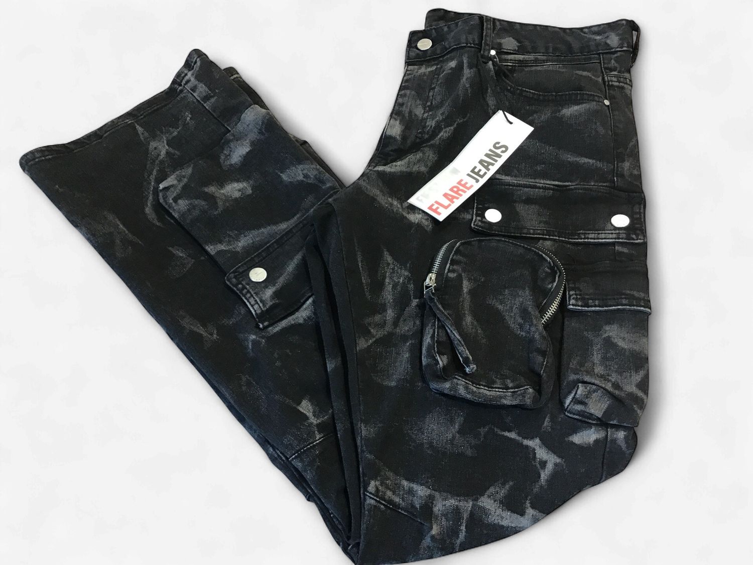 BLACK COATED CARGO JEANS, Color: Black Stone, Size: 30