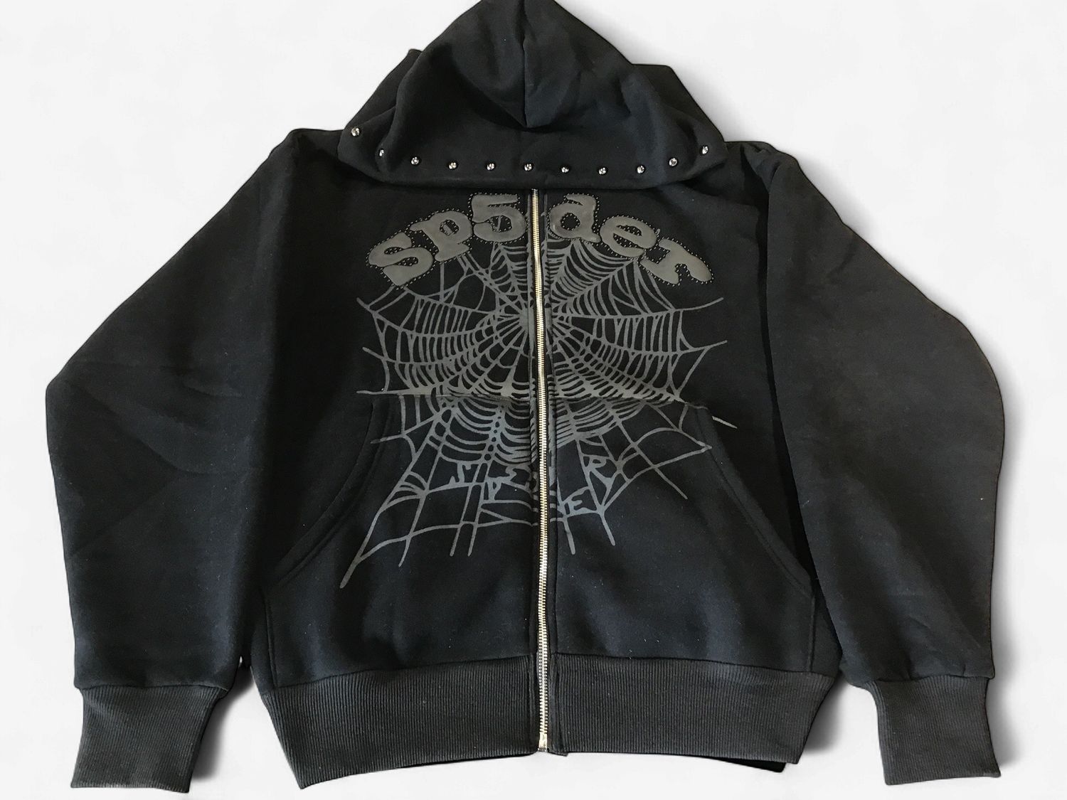 SP5DER BLACK ZIP HOODIE, Color: Black, Size: S