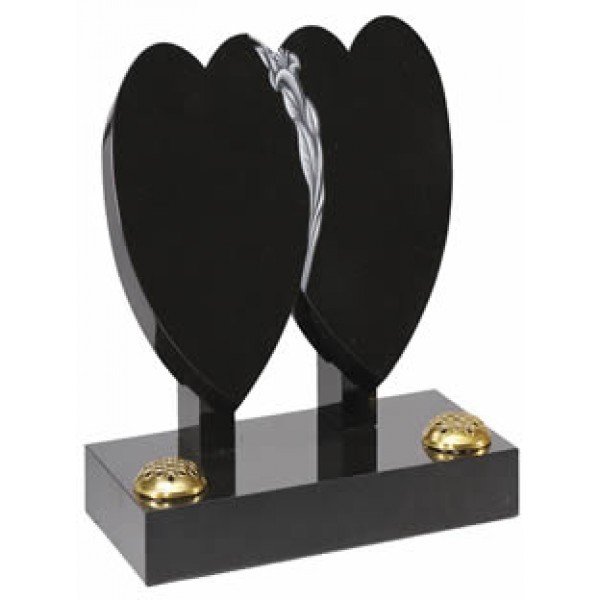 EC153 Black Granite double heart memorial divided by hand carved and highlighted lily.