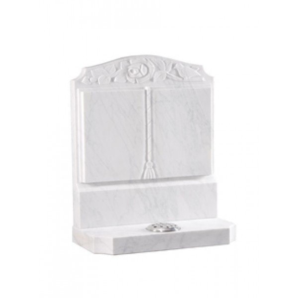 EC188 White Marble headstone with fully worked book with a carved rose and dove above.