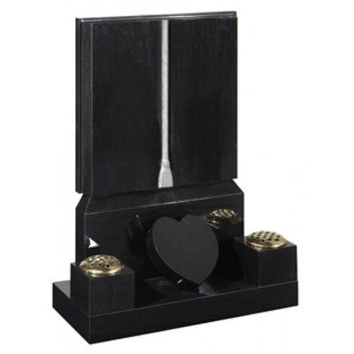 EC143 Black Granite book headstone with two vases and central heart token.