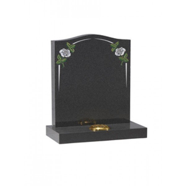 EC18 Dark Grey Granite headstone with a delicate white rose and elegant pin line design.