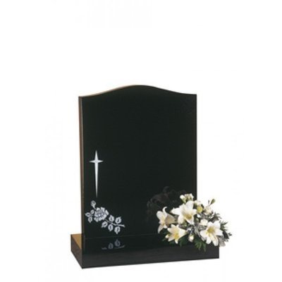 EC31 Black Granite ogee headstone with a star cross and rose design.