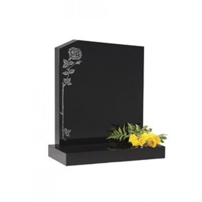EC34 Black Granite headstone with an offset peon top and single rose design.