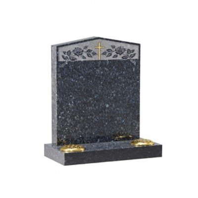 EC35 Blue Pearl Centre Peon headstone with rose and cross design in sandblast panel.