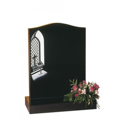 EC38 Black Ogee headstone with church window and bible design.