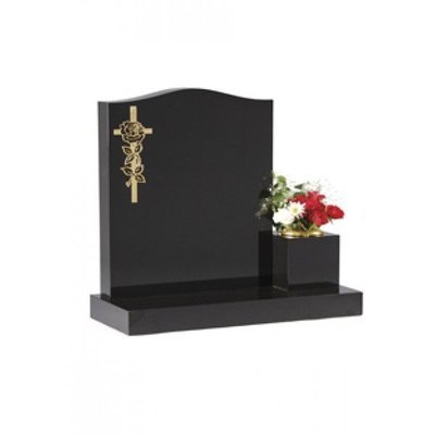 EC41 Black Granite Ogee Headstone with side vase. Headstone with sandblasted cross and rose design.