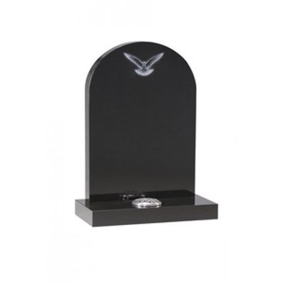 EC44 Black Granite Rounded top headstone. Beautifully etched dove top centre.