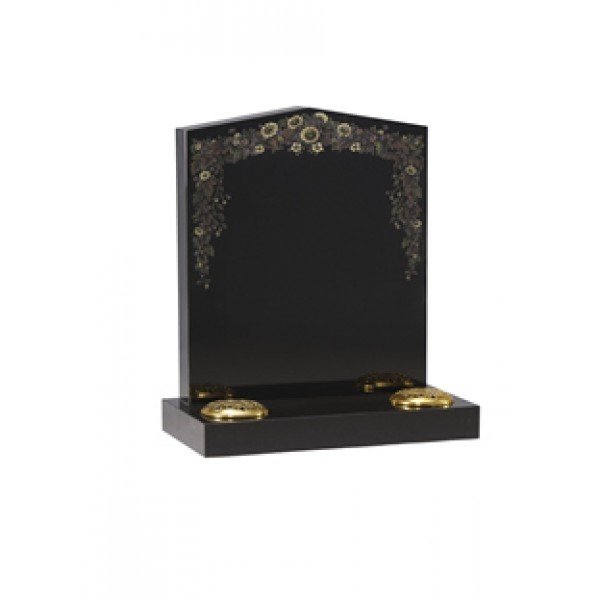 EC45 Black Granite Centre Peon Headstone. A profusion of wild flowers handpainted design.