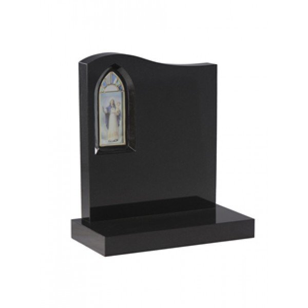 EC47 Black Granite half ogee headstone with a stained glass window in the top left shoulder.