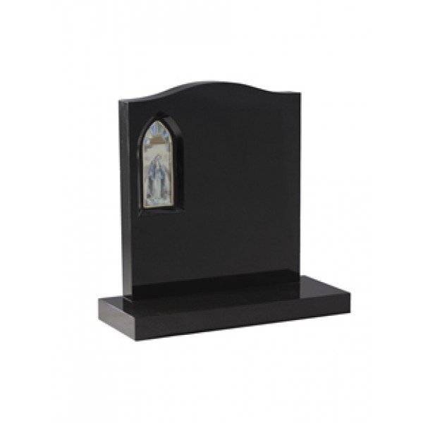 EC49 Black Granite headstone with a stained glass window depicting the Virgin Mary.