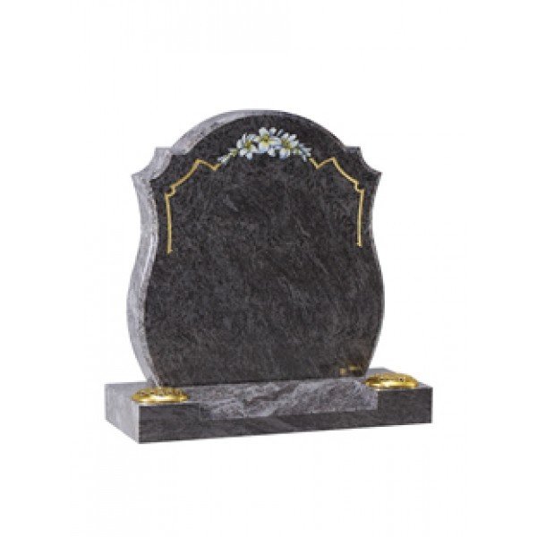 EC8 Bahama Blue Granite headstone with rounded sides with chamfers. Centre splay base.