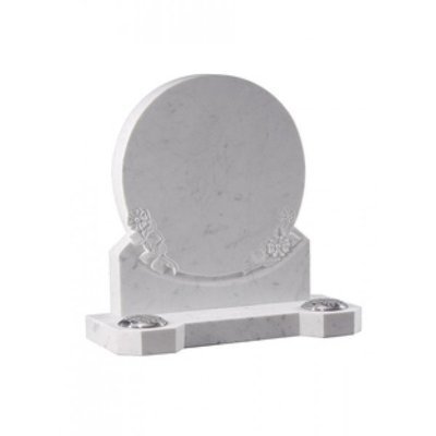 EC187 White Marble headstone with hand carved roses below an oval inscription area. Shaped base.