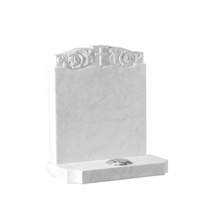 EC189 White Marble headstone with a hand carved panel which follows the shape of the top.